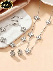 1 Set Luxury Rhinestone Inlaid 18K Gold Plated Clover Bracelet, Necklace, Earrings Jewelry Set, Suitable For Women's Daily Wear - Gold - View 10