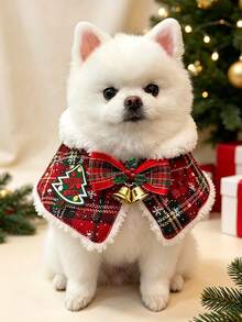 1pc Pet Christmas Cape Collar, Plaid Dog Shawl With Bow And Bell, Christmas Holiday Costume Accessory, Soft Fleece Trim Neck Decor, Suitable For Small Dogs And Cats, Holiday Party Photo Prop Gift - Multicolor - View 8
