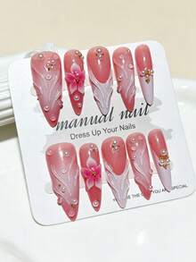 Unhas Postiças Stiletto Longas 3D Artesanais de Luxo com Florais Rosa Sorvete Francês, Unhas Falsas para Mulheres e Meninas - Rosa Bebê - Visão 11