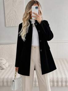 Women's Elegant Minimalist Small Stand Collar Solid Color Casual Daily Commute Front Button Faux Pocket Slim Fit Flattering Long Sleeve Wool Black - Black - View 5