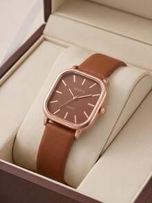 Women's Minimalist Square Quartz Watch Brown Leather Strap Rose Gold Wristwatch Jewelry Gift For Her Christmas Birthday - Brown - View 7