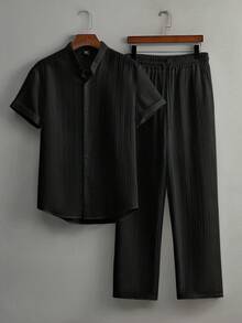 YUNCHIC Summer Ice Silk Textured Black Stand Collar Short Sleeve Set Men's Thin Breathable Casual 2 Pieces Outfit Vacation Commute Drape Long Pants - Black - View 4