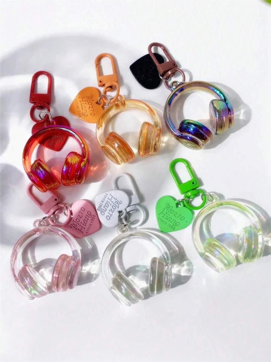 Creative Unique Fashion Casual Style Letter Heart Metal Plated Acrylic Transparent Colorful Earphone Shaped Keychain Bag Charm Phone Key Accessory, Small Gift For Friends Couples Besties, Music Lovers Accessory