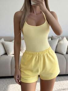 GLAMSKIN Women's Summer/Autumn Basic 2 Pieces Set, Spaghetti Strap Tank Top And Drawstring Shorts Yellow Elegant - Yellow - View 5