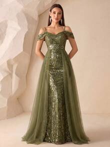 Autumn Elegant Cold Shoulder Sequin Embroidered Mesh A-Line Evening Gown, Suitable For Prom, Party, Wedding Guest, Graduation Ceremony And Holiday - Olive Green - View 2