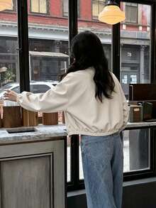 Women's Fashion Long Sleeve Regular Fit Fabric Bomber Jacket, Suitable For Spring And Autumn Casual Outings, Featuring Comfortable Non-Stretch Design. - Beige - View 5