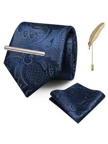 4‑Pcs Men Paisley Pattern Neck Tie Set, Jacquard Woven Necktie, Pocket Square, Tie Clip, Feather Lapel Pin For Wedding Business Formal Occasion - Multicolor - View 16