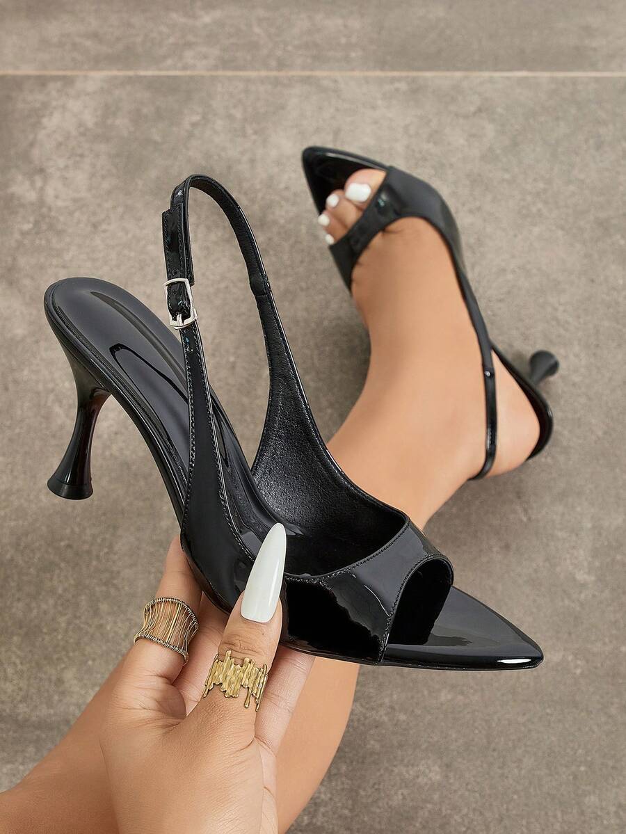 Black Pointed Toe Stiletto High Heels, Women's Summer New Style, Low Toe Design, Embellished With Sequins, Buckle Strap, Backless, Sexy High Heel Shoes - Black - View 1