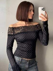 Women's Autumn Casual Minimalist Elegant Sexy Hot Girl Black Polka Dot Square Neck Long Sleeve All-Match Versatile Top For Going Out, Home, Streetwear, Casual Daily Wear - Black - View 3