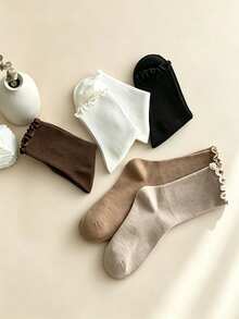 3/6/12 Pairs Women's Mid-Calf Socks, With Ruffle Trim, Soft Vertical Striped Knit Casual Socks, Solid Color Cute Lace Daily Commute Slouch Socks - Multicolor - View 4