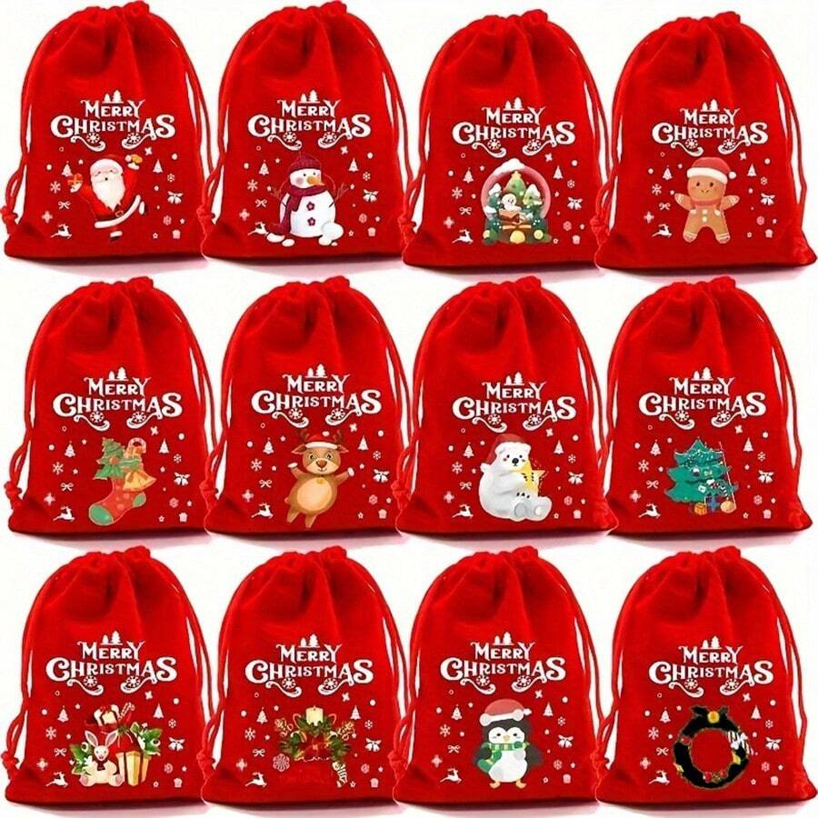 10pcs/Set Large Christmas Ornament Gift Bags, Christmas Themed Pattern Gift Bags, Christmas & Halloween Velvet Drawstring Gift Bags (Random Pattern) - Red - View 1