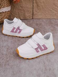 1 Pair Children's Pink Sequin Decorated Sports Shoes With Hook And Loop Design, Flat Fashion Sneakers Suitable For All Seasons - Pink - View 2
