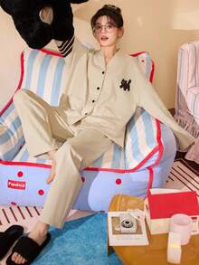 2pcs/Set Women's Pajamas Loungewear Set, New Cardigan Style Cute Cat Print Long Sleeve Cropped Pants, Comfortable For Home Wear - Apricot - View 6