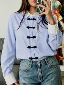 Women's Fashion Casual Frog Button Lapel Long Sleeve Striped Shirt, Striped Front Button-Down, Commute Daily Date - Blue and White Stripes - View 7