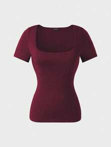 Casual Elegant Short Sleeve Square Neck Top, Suitable For Daily Wear, Commuting, Going Out, Spring/Summer - Plum Color - View 9