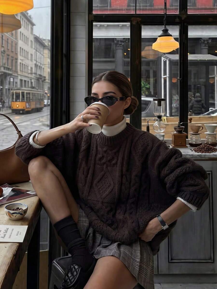 Senya Women's Solid Color Round Neck Cable Knit Drop Shoulder Loose Fit Minimalist Knit Top For Autumn/Winter Graduation Season Back To School Fall - Coffee Brown - View 1