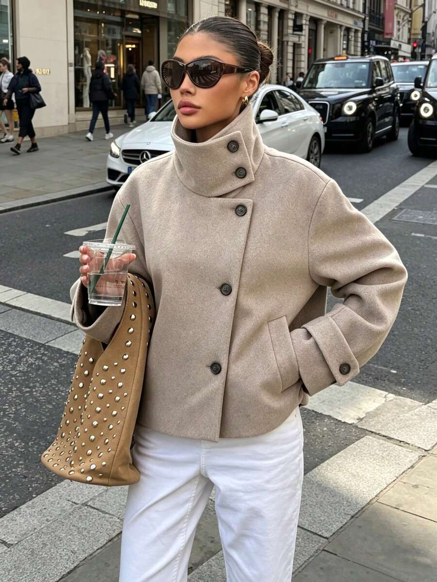 Seelio 秋冬新款女式歐美風時尚簡約百搭立領羊毛混紡卡其色夾克 - 卡其色 - 查看 1