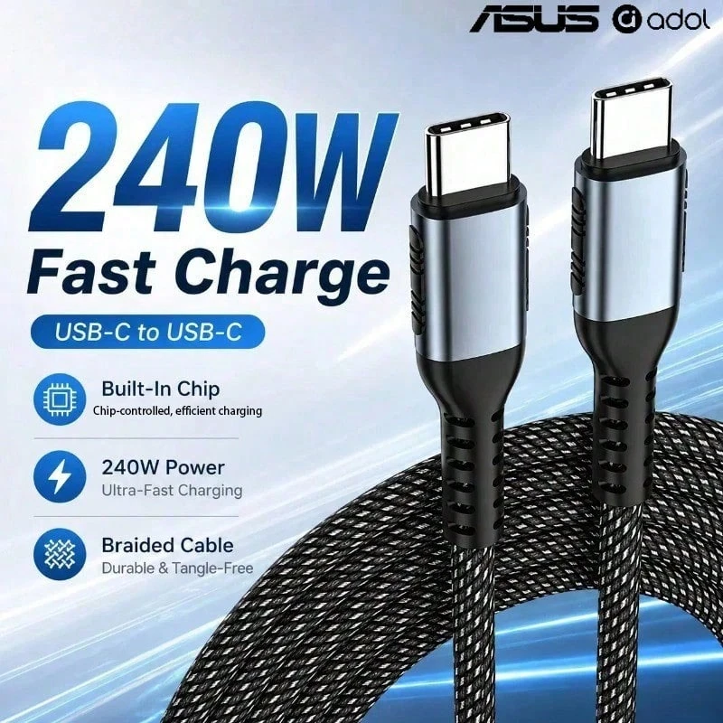 ASUS 240W Type-C 編織快充數據線,有 3.3 英尺、6.6 英尺兩種規格,線材編織耐磨,內建 E‑Marker 智慧晶片;適配 iPhone 17/16/15 Pro Max、三星 S25/S24、MacBook 筆記型電腦、iPad 平板、Switch 遊戲機及全系列安卓設備(全系列安卓) - 黑色 - 查看 1