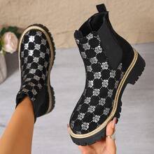Autumn/Winter New Women's Floral Pattern Thick Sole Slip-On Fashion Outdoor Chelsea Boots - Black - View 1