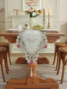 1pc Handmade Embroidered Floral Hollow-Out Satin Fabric Table Runner, Luxury High-End Polyester Fiber Embroidered Table Runner, Suitable For Dining Table, Coffee Table, Sideboard, Shoe Cabinet, Buffet Cabinet, Daily Home Decor And Wedding Party Holiday - Multicolor - View 13