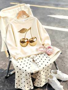 2 Pieces Outfit Set For Older Girls And Teens, Includes 1 Apricot Crew Neck Sweatshirt And 1 Polka Dot Flare Pants, Featuring Distinctive Gold Cherry Pattern, Minimalist Casual Style - Apricot - View 3