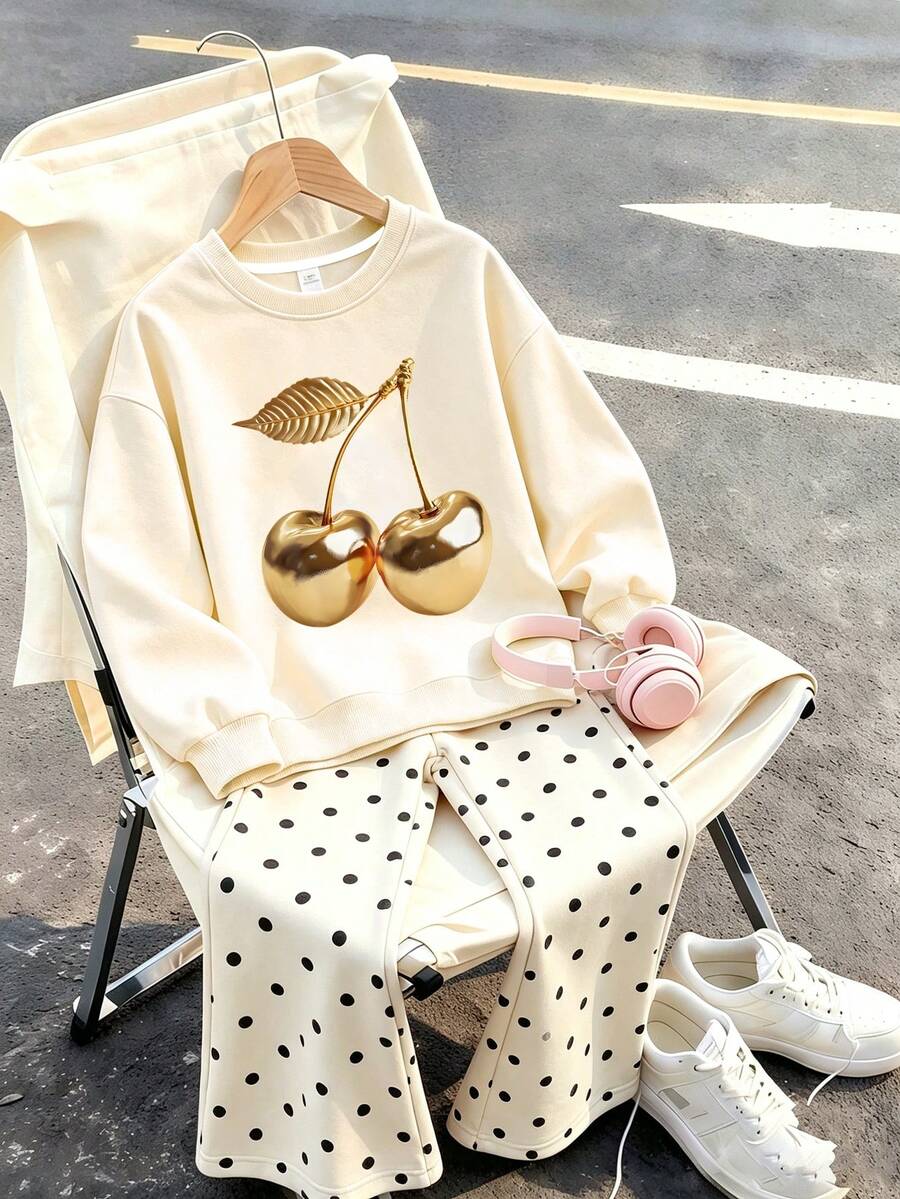 2 Pieces Outfit Set For Tween Girls And Teens, Includes 1 Apricot Crew Neck Sweatshirt And 1 Polka Dot Flare Pants, Featuring Distinctive Gold Cherry Pattern, Minimalist Casual Style - Apricot - View 1