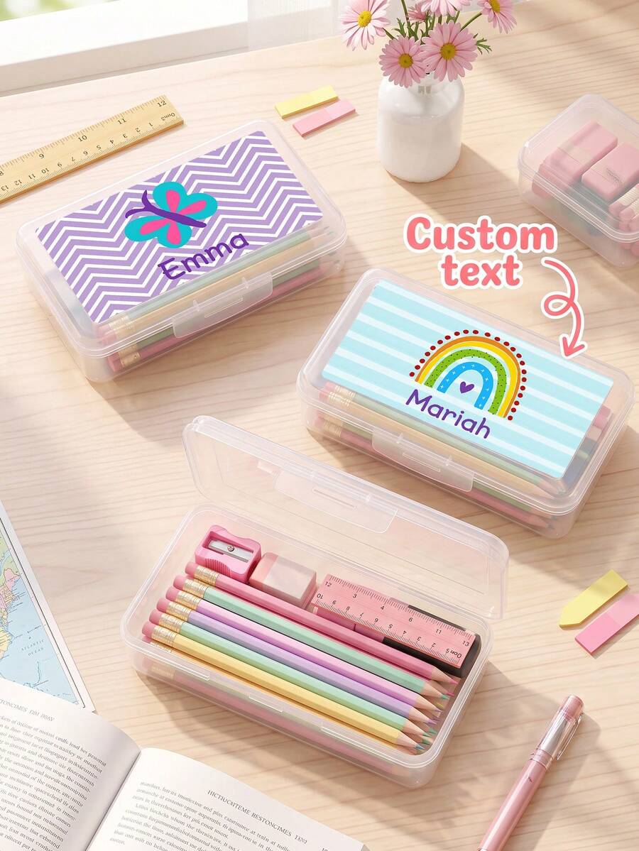 1pc Personalized Clear Plastic Pencil Case, Custom Text Pencil Box, Cute Pattern Stationery Storage Box, Back To School Gift For School - Multicolor - View 1