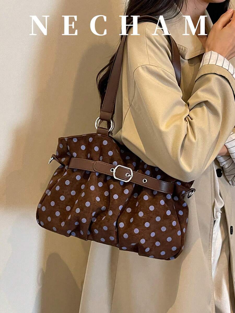 1pc Korean Style Polka Dot Highly Attractive Niche Shoulder Bag Exquisite Buckle Design Tote Bag (Without Pendant) - Coffee Brown - View 1