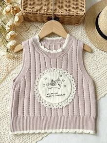 WUHUANG YIYI Baby Girls Cute Sweet Style Solid Color Striped Cartoon Unicorn Lace Applique Decor Sweater Vest Versatile Soft Spring Autumn - Mauve Purple - View 1