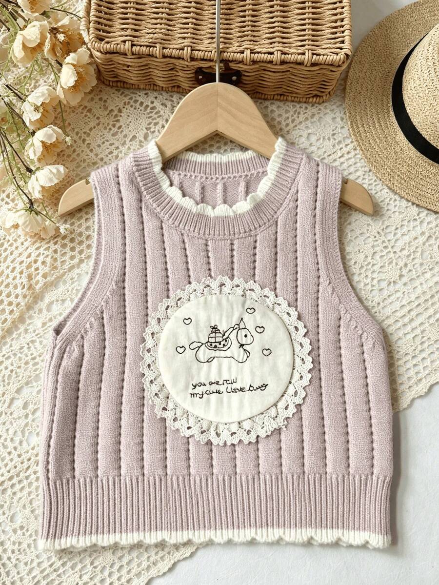 WUHUANG YIYI Baby Girls Cute Sweet Style Solid Color Striped Cartoon Unicorn Lace Applique Decor Sweater Vest Versatile Soft Spring Autumn - Mauve Purple - View 1