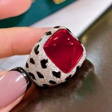 European And American Vintage Leopard Print Red Zirconia Candy Tower Cut Ring For Women, White Gold Plated Adjustable Party Ring - Red - View 1