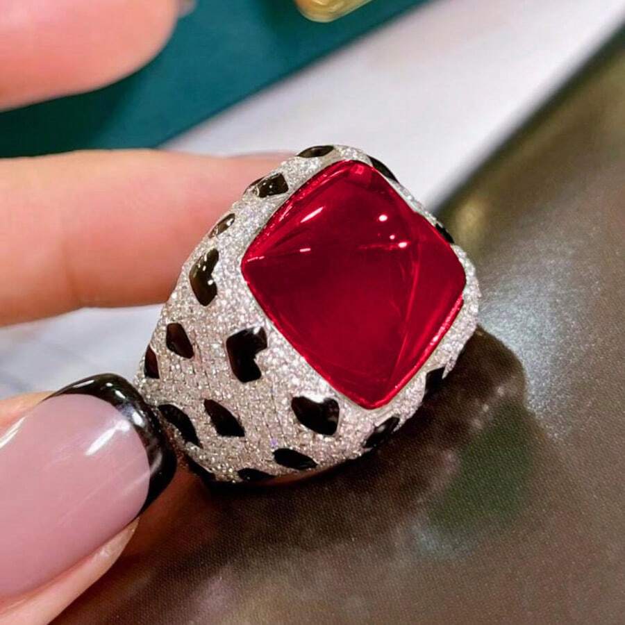 European And American Vintage Leopard Print Red Zirconia Candy Tower Cut Ring For Women, White Gold Plated Adjustable Party Ring - Red - View 1