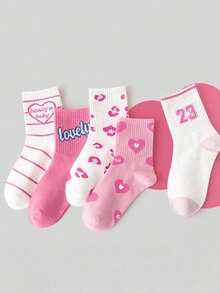 5 Pasang Kaos Kaki Anak Perempuan Berbentuk Hati Warna Pink, Tebal Normal, Bernapas, Menyerap Keringat, Modis, Serbaguna, Cocok untuk Musim Semi, Musim Panas, Musim Gugur. - MultiWarna - View 7