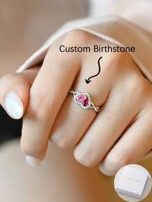 This Customized Heart-Shaped Birthstone Ring Features A Double Half-Heart Design, Symbolizing A Deep And Unbreakable Bond, Representing Your Consistent Heartbeat And Walking Together Through The Four Seasons Of Life. - Multicolor - View 3