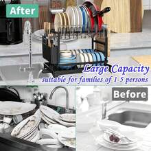 2-Tier Black Retractable Dish Rack, Suitable for Kitchen Countertops; Large Dish Rack Features a Pot Rack, Cup Rack, and Bowl Rack; Ideal for Use on Kitchen Countertops and Over Sinks; High-Capacity Storage Rack with Drain Tray - Übersicht 4