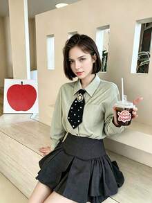 優雅成熟風黑色緞面波點珍珠免繫帶復古美珍珠花鈕扣通勤襯衫裝飾配件 - 人像珍珠短款 - 查看 9