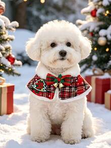 1pc Pet Christmas Cape Collar, Plaid Dog Shawl With Bow And Bell, Christmas Holiday Costume Accessory, Soft Fleece Trim Neck Decor, Suitable For Small Dogs And Cats, Holiday Party Photo Prop Gift - Multicolor - View 1