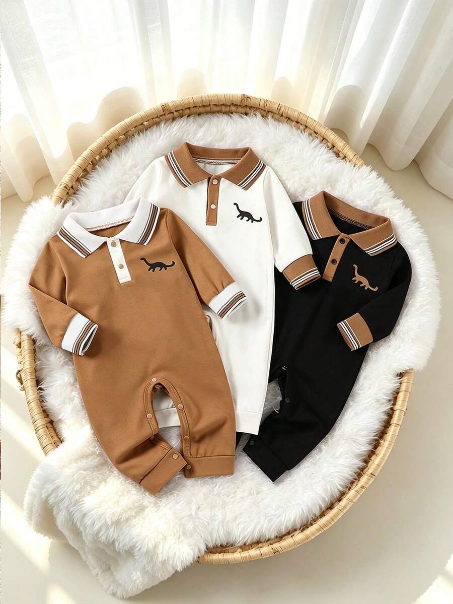 Bhchntiy Baby Boy Autumn/Winter New 3pcs Dinosaur Print Polo Collar Solid Color Casual Romper - Multicolor - View 1