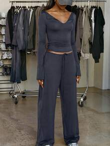 Women's Knitted Straight Leg Pants, Medium Stretch, With Faux Drawstring, Fashion Long Pants - Dark Wash - View 6