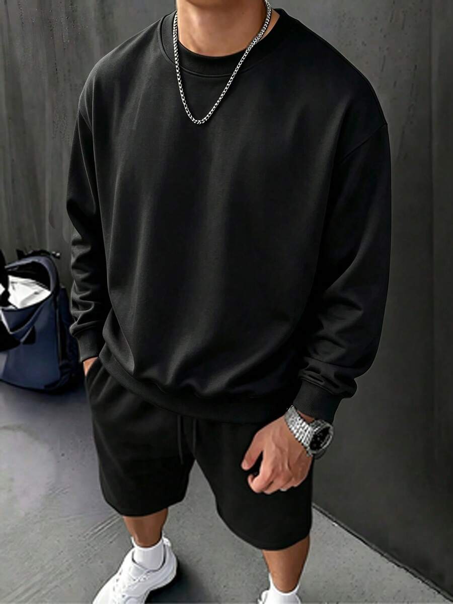 Men's 240g Pure Cotton Solid Round Neck Sweatshirt, Casual Long Sleeve Minimalist Everyday Pullover Top - 黑色3 - 查看 1