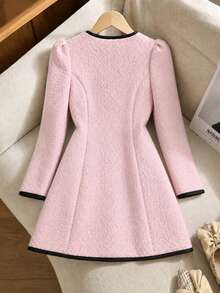 Autumn/Winter Girls' Big Tween Girl Bow Contrast Color Dress With Plush Jacket - Pink - View 2