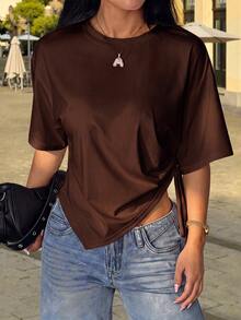 Women Round Neck Drop Shoulder T‑Shirt, Casual Drawstring Side Ruched Asymmetrical Hem Short Sleeve Tee Summer - Coffee Brown - View 3