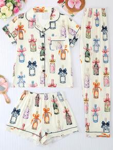 Plus Size 3-Piece Pajama Set For Women, Cool Short Sleeve, Plus Size Plus Size, 3-Piece Set, Shorts And Long Pants, Lapel Button Short Sleeve, All Season Wear, Plus Size, Home Wear, Comfortable And Loose, Bow And Wine Bottle Print - White - View 1