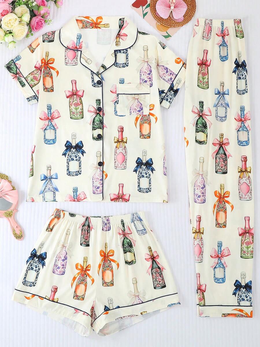Plus Size 3-Piece Pajama Set For Women, Cool Short Sleeve, Plus Size Plus Size, 3-Piece Set, Shorts And Long Pants, Lapel Button Short Sleeve, All Season Wear, Plus Size, Home Wear, Comfortable And Loose, Bow And Wine Bottle Print - White - View 1