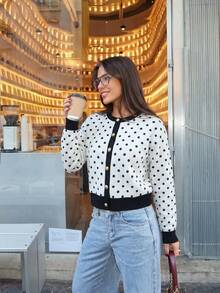 Women Fall Winter Casual Cardigan Sweater Long Sleeve Black With Polka Dot Tops Button Up Going Out Tops - Multicolor - View 2