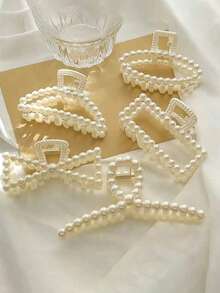 5pcs Women's Elegant Faux Pearl Hair Clips, Non-Slip Large Size Claw Clips Set, Suitable For Thick Curly Hair, French Style Hair Accessories, Travel And Gift - Multi-color - View 1