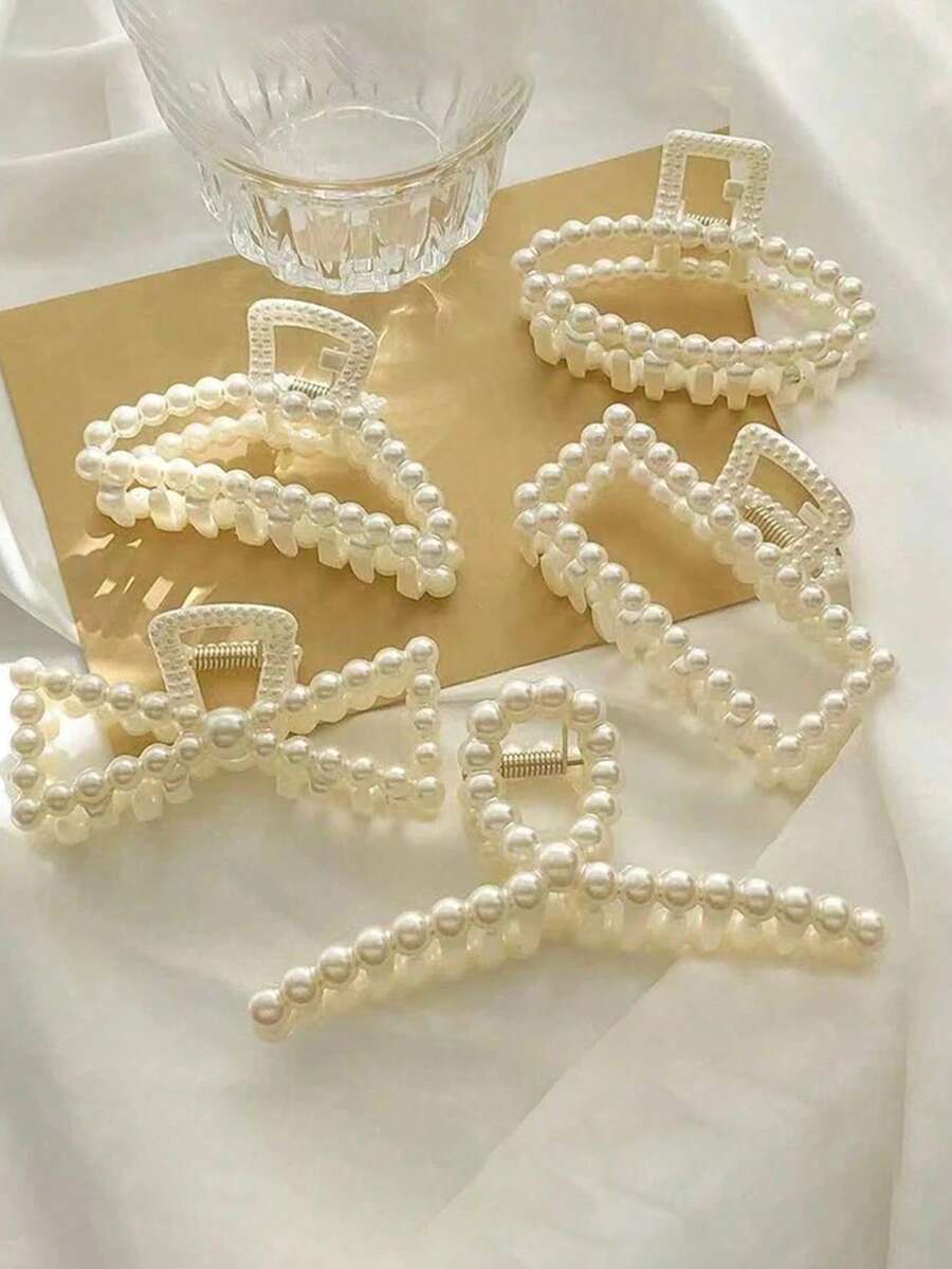 5pcs Women's Elegant Faux Pearl Hair Clips, Non-Slip Large Size Claw Clips Set, Suitable For Thick Curly Hair, French Style Hair Accessories, Travel And Gift - Multi-color - View 1