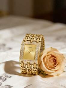 Guess Women's Square Analog Quartz Watch, Champagne Sunray Dial, Crystal-Embellished Bezel, Gold-Tone Chain Bracelet, W1275L2 - Gold - View 12