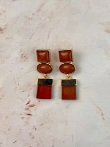 ZAA Geometric Color Block Resin Dangle Earrings, Mid-Century Retro Multi Stone Statement Drop Earrings For Fall Daily Party - Gold - View 14
