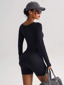 European And American Sexy Bodycon Design Black Square Neck Long-Sleeve Seamless Tummy Control Sports Jumpsuit Fall - Black - View 4